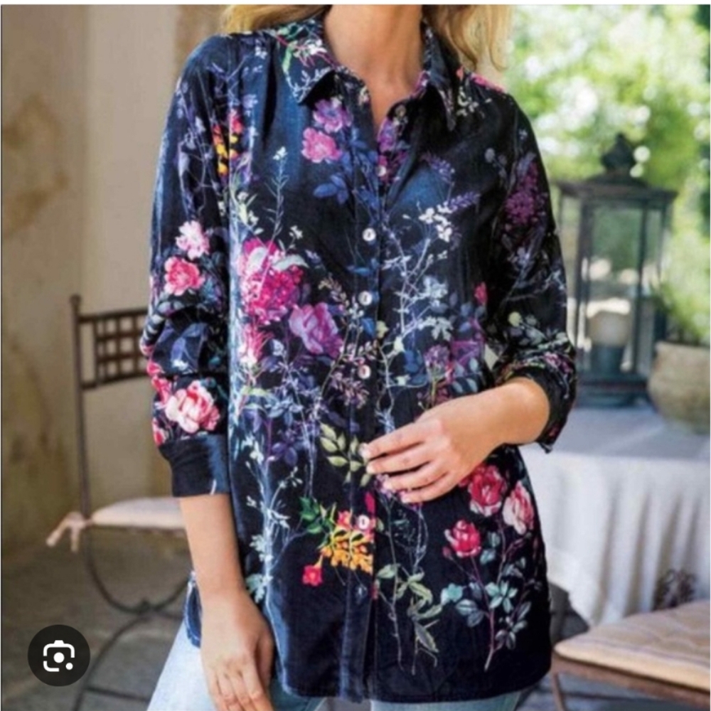 Soft Surroundings Velvet Floral‎ Button Up Shirt Top Black Women’s S Oversized